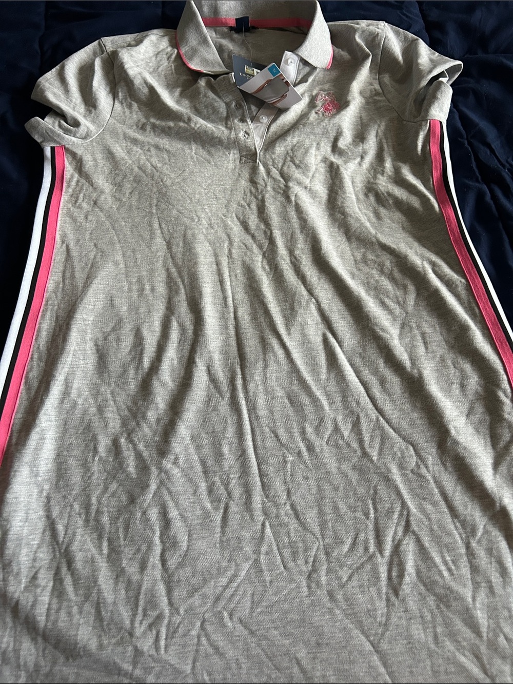 Women Short-Sleeve Polo Dress in Light Gray with Pink Trim